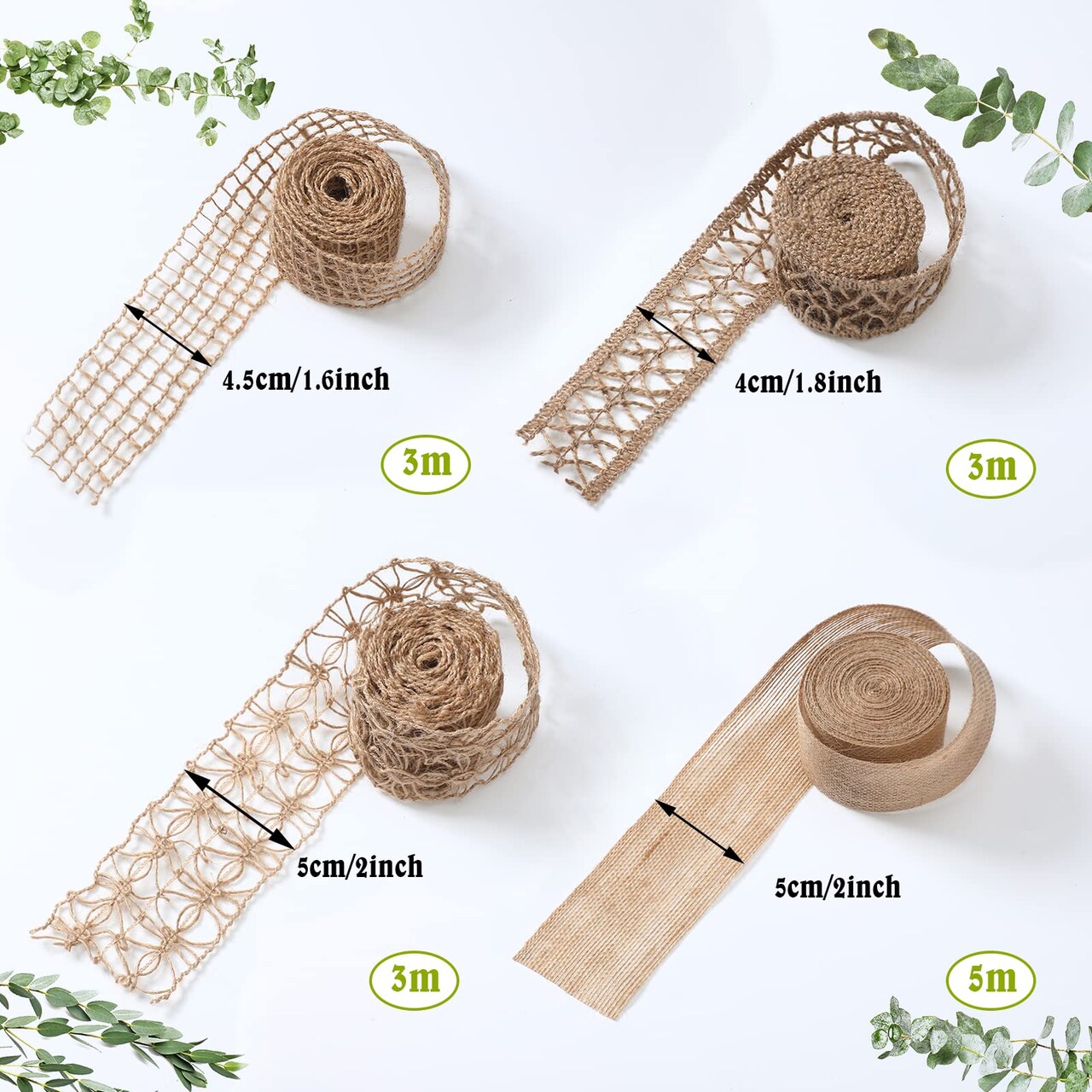 4 Rolls Burlap Ribbon Natural Jute Burlap Lace Mesh Weeding Trim Craft Wrapping Ribbon for Holiday Party DIY Handmade Artist Home Decor Packaging